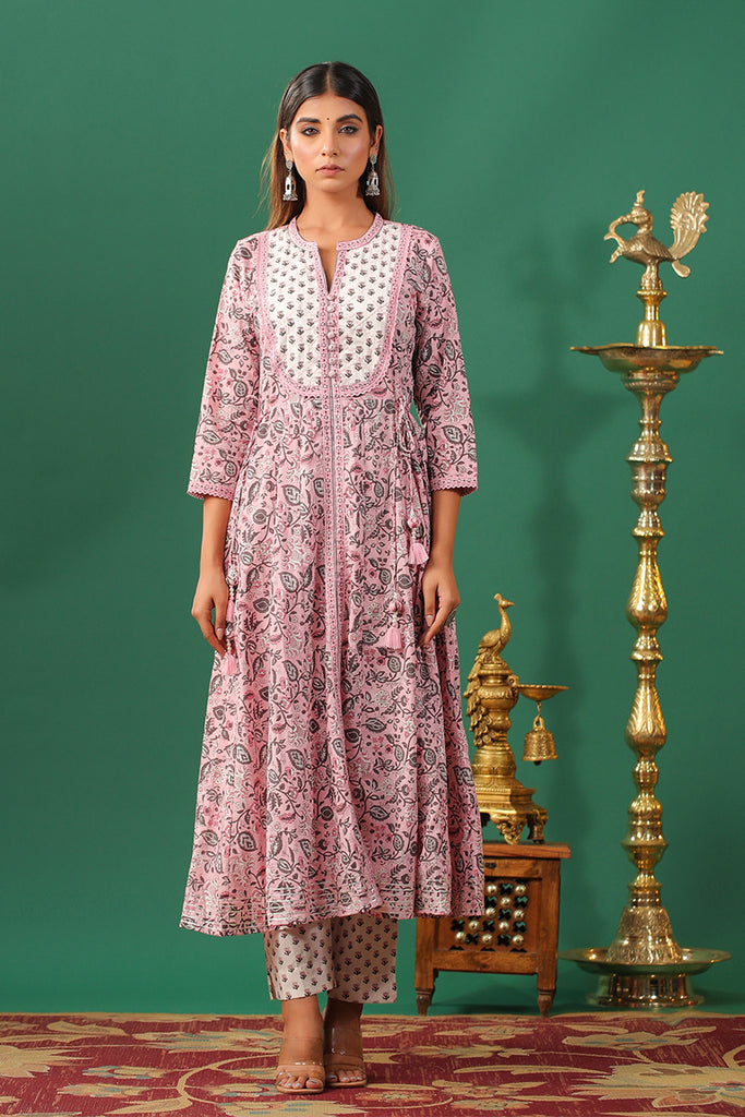 Pink Color Cotton Printed Anarkali Kurta Set