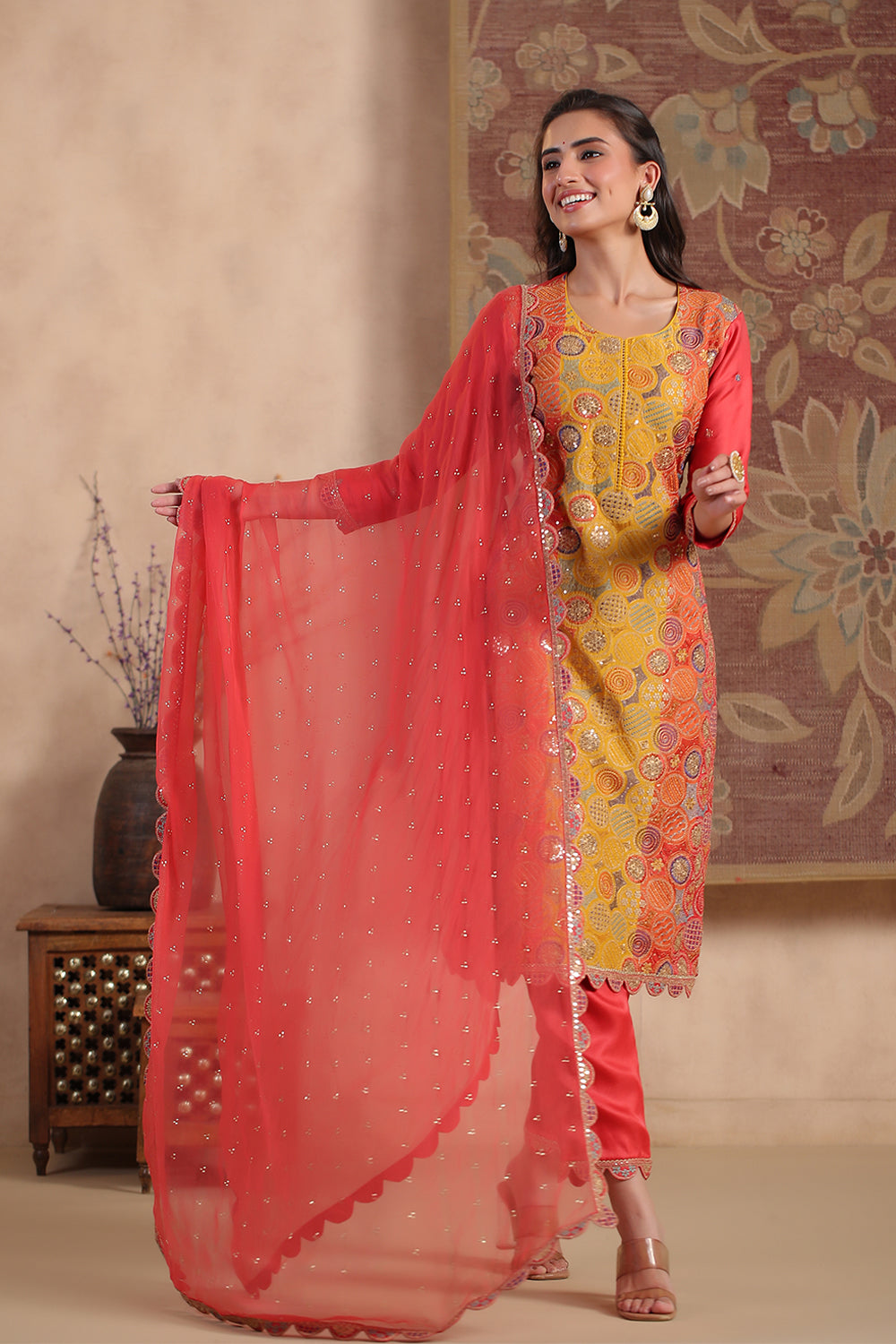 Coral Color Silk Multi-Colored Resham Embroidered Straight Suit