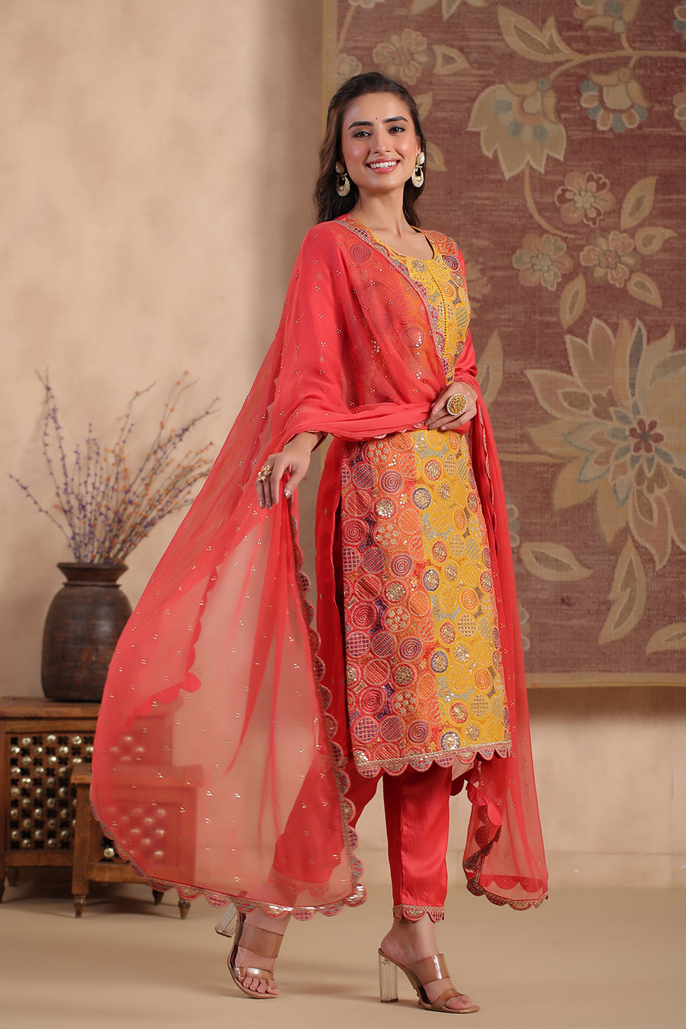 Coral Color Silk Multi-Colored Resham Embroidered Straight Suit