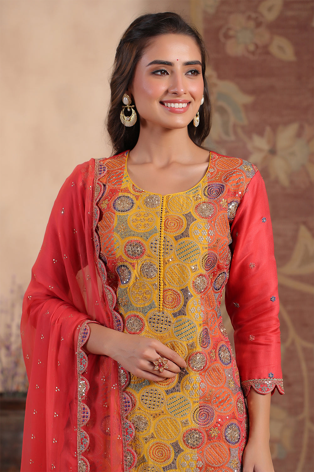 Coral Color Silk Multi-Colored Resham Embroidered Straight Suit