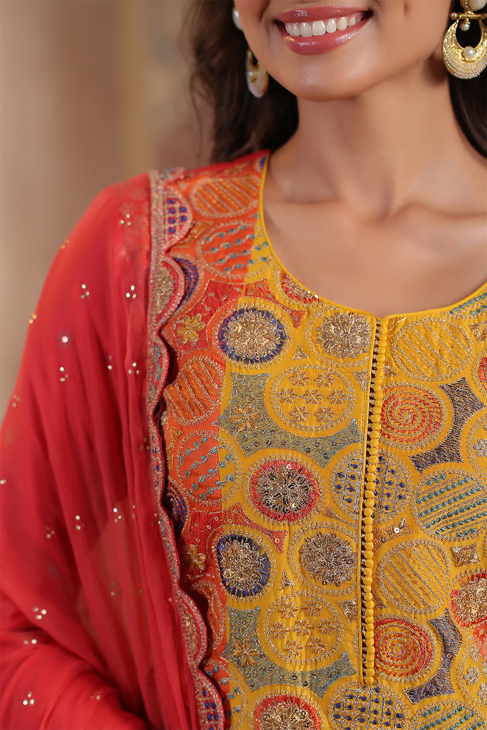 Coral Color Silk Multi-Colored Resham Embroidered Straight Suit