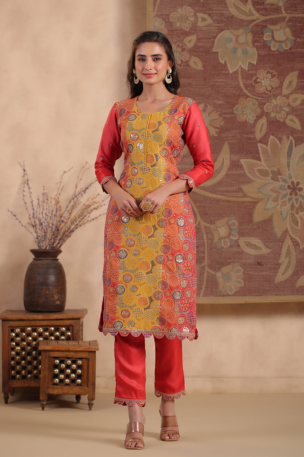 Coral Color Silk Multi-Colored Resham Embroidered Straight Suit