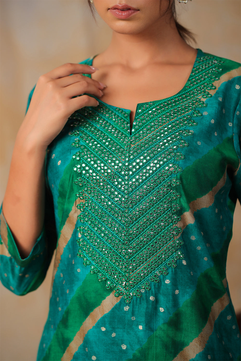 Teal Colour Cotton Mirror Work Kurti
