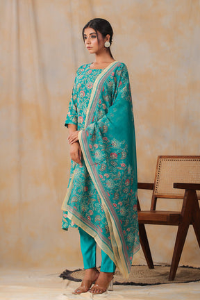 Turquoise Color Muslin Printed Straight Suit