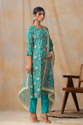 Turquoise Color Muslin Printed Straight Suit