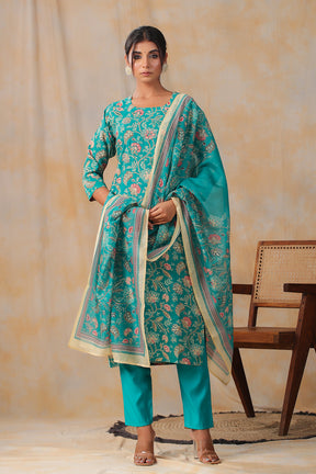 Turquoise Color Muslin Printed Straight Suit