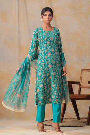 Turquoise Color Muslin Printed Straight Suit