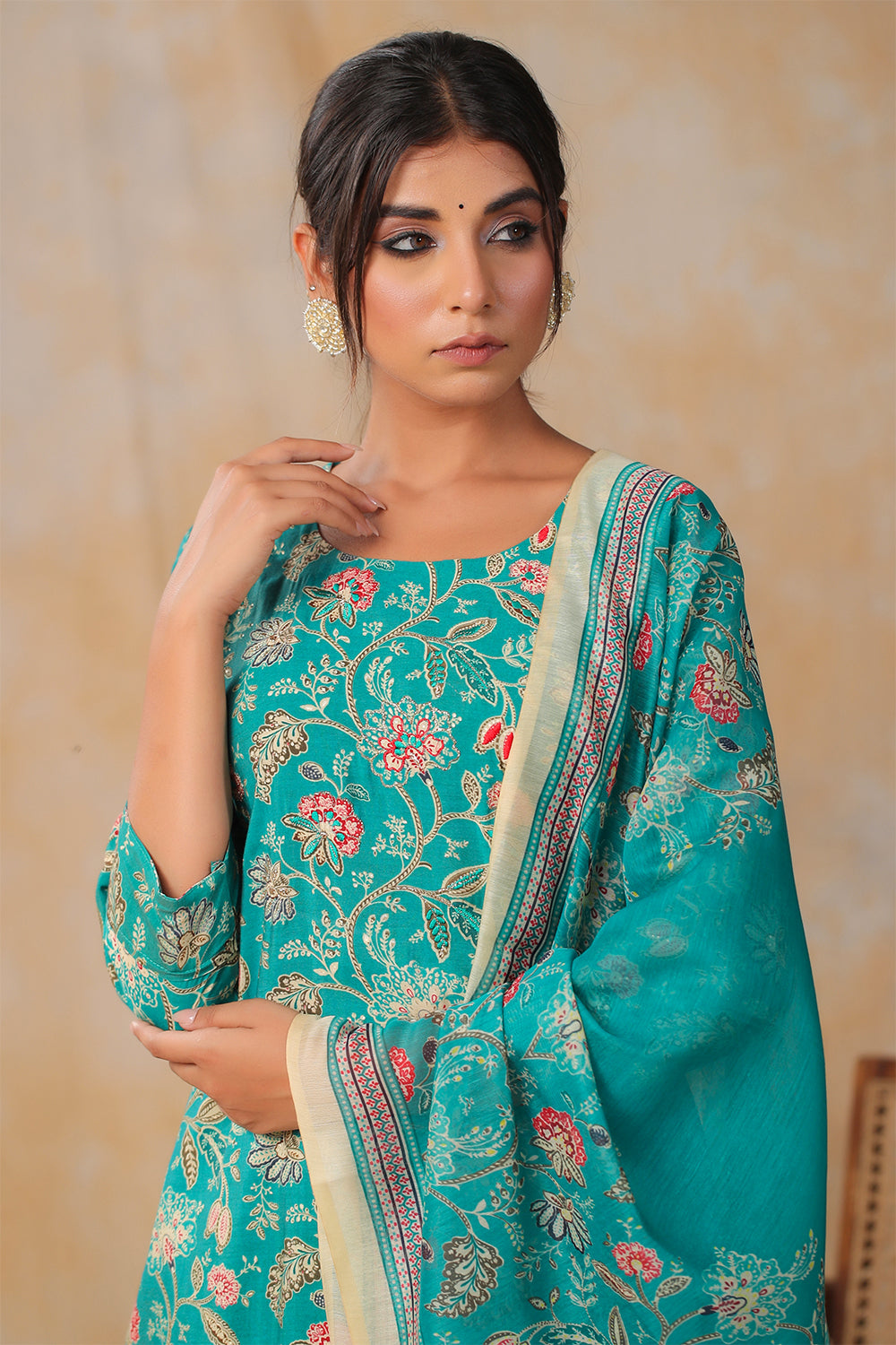 Turquoise Color Muslin Printed Straight Suit