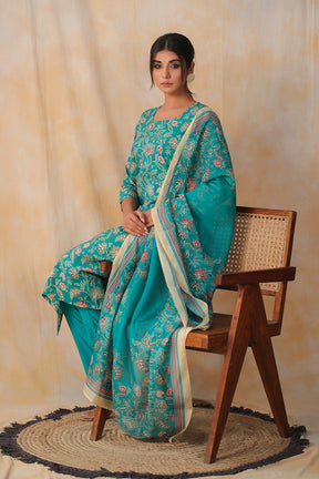 Turquoise Color Muslin Printed Straight Suit