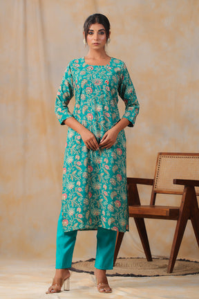 Turquoise Color Muslin Printed Straight Suit