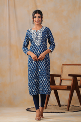 Navy Blue Color Cotton Embroidered Kurti