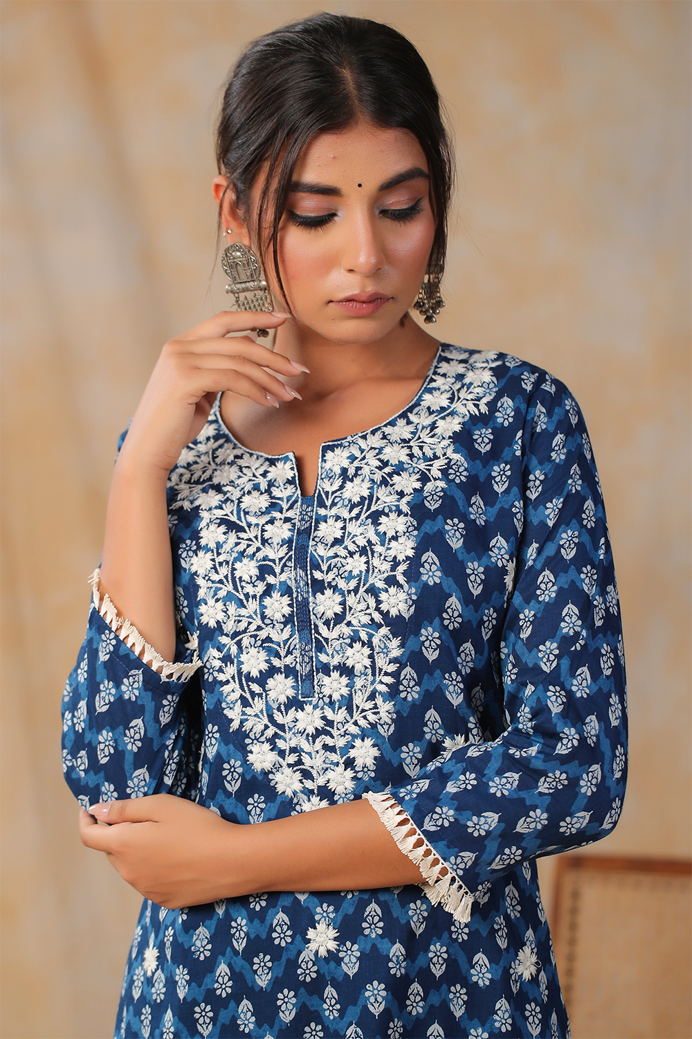Navy Blue Color Cotton Embroidered Kurti