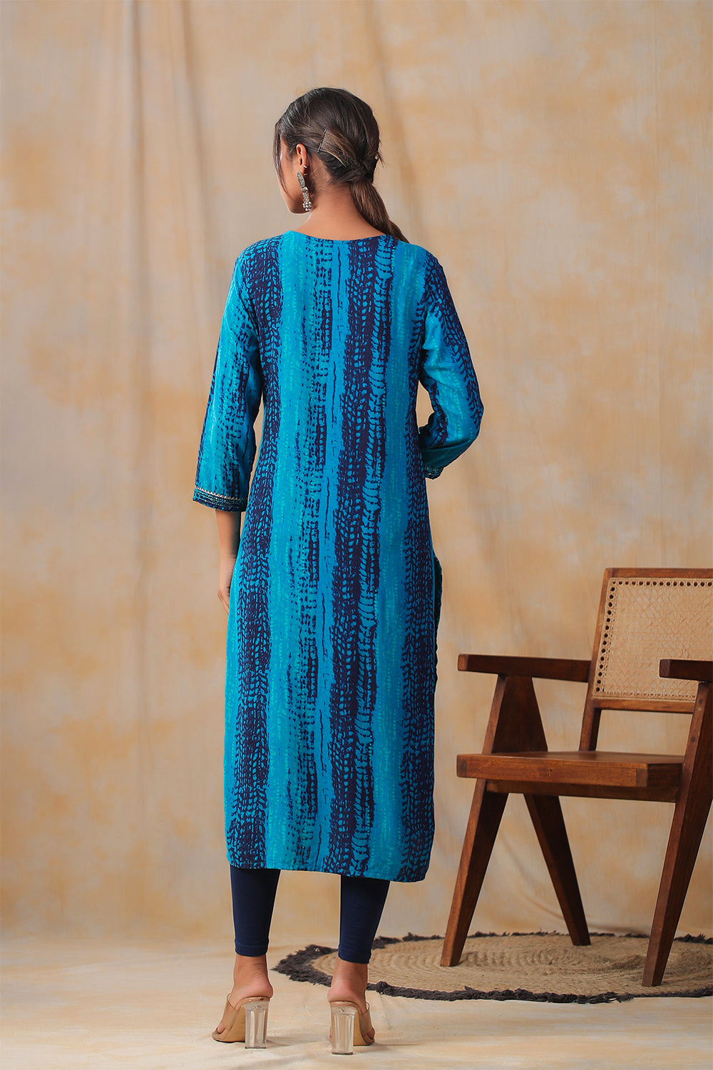 Blue Color Cotton Shibori Print With Pintux Embroidery Kurti