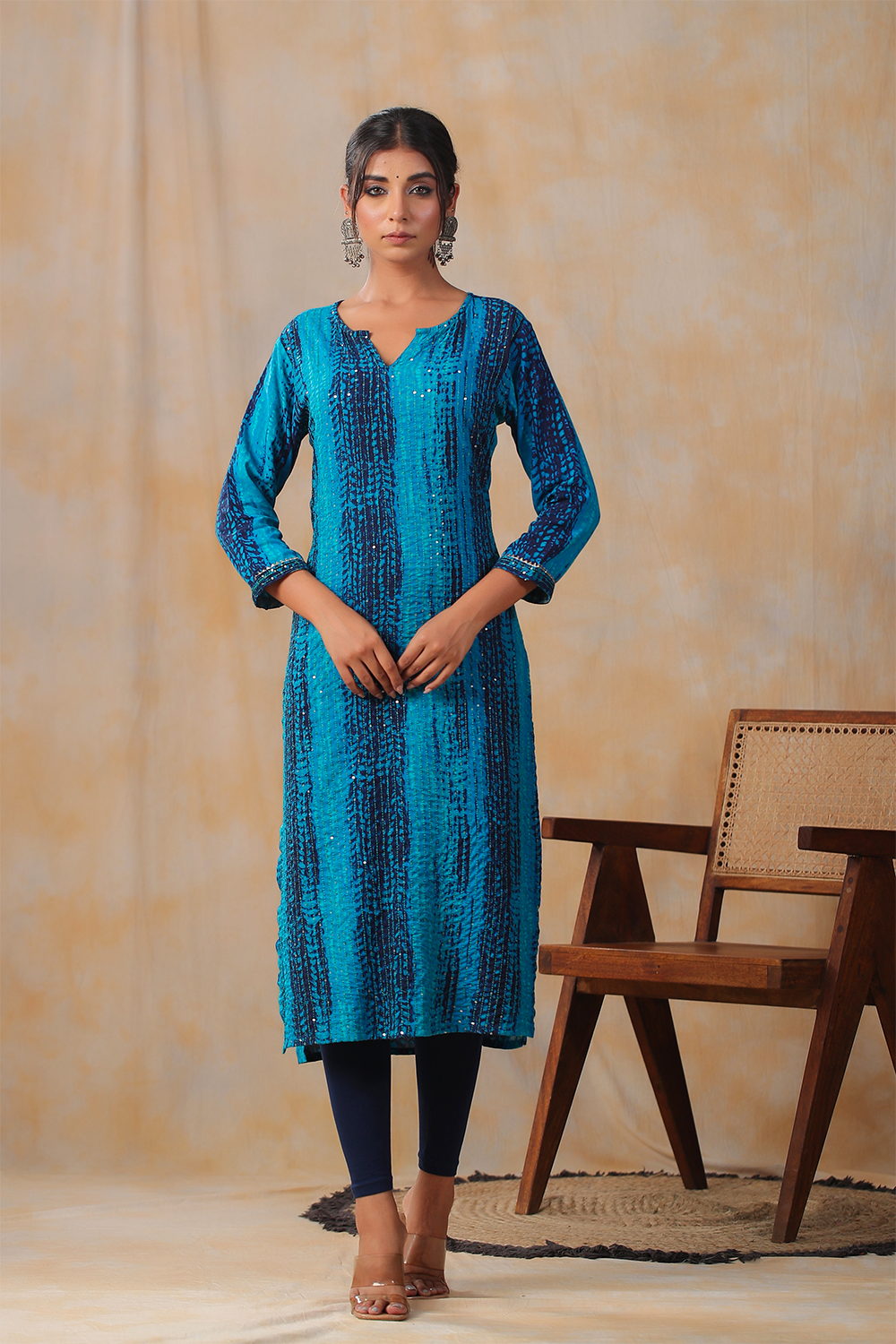 Blue Color Cotton Shibori Print With Pintux Embroidery Kurti