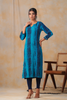 Blue Color Cotton Shibori Print With Pintux Embroidery Kurti