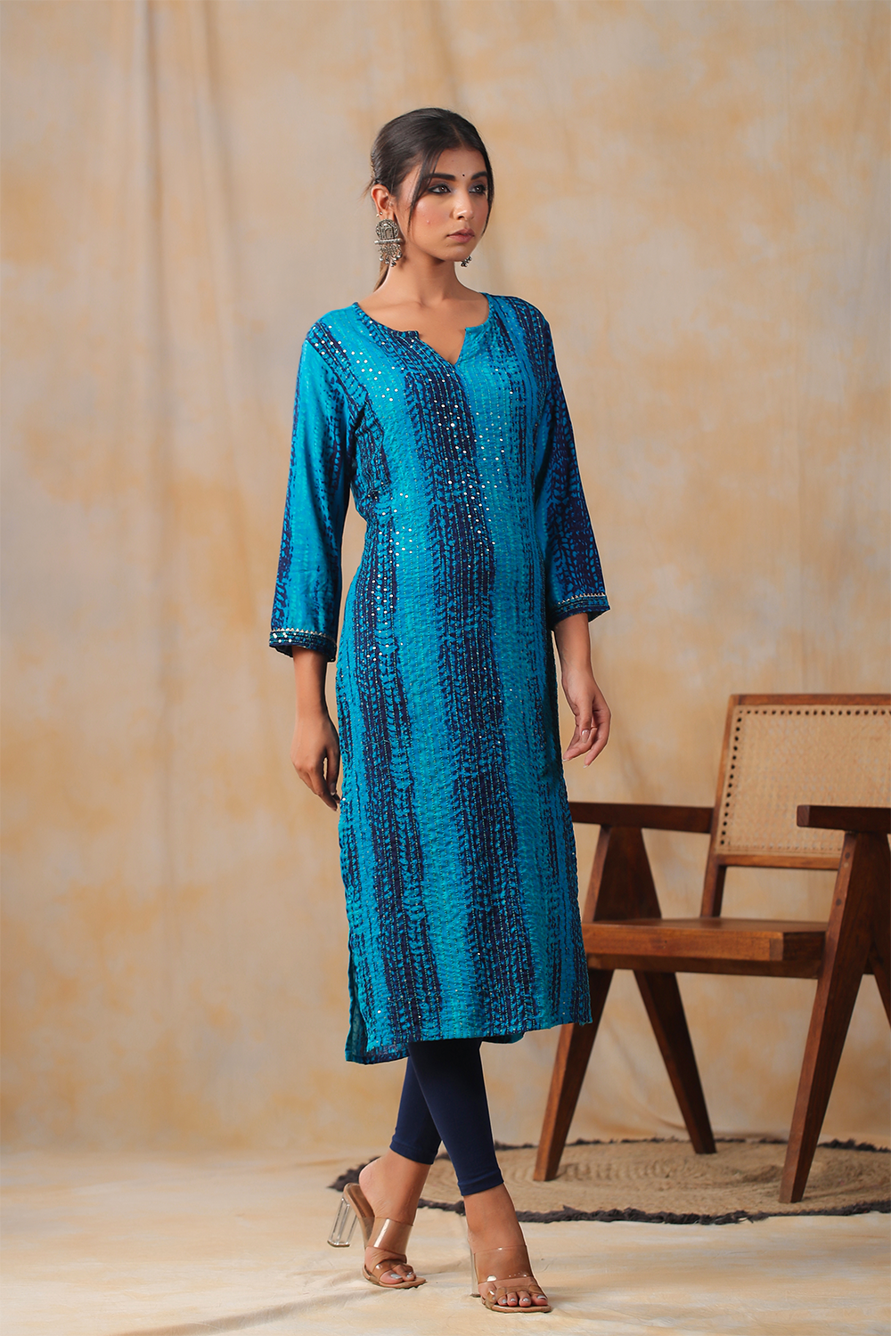 Blue Color Cotton Shibori Print With Pintux Embroidery Kurti