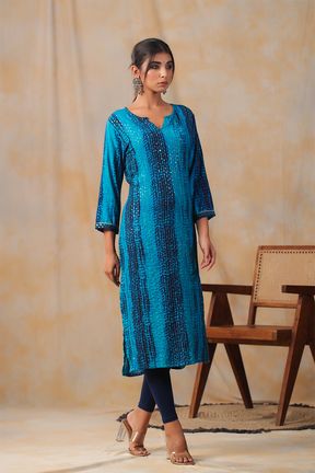 Blue Color Cotton Shibori Print With Pintux Embroidery Kurti