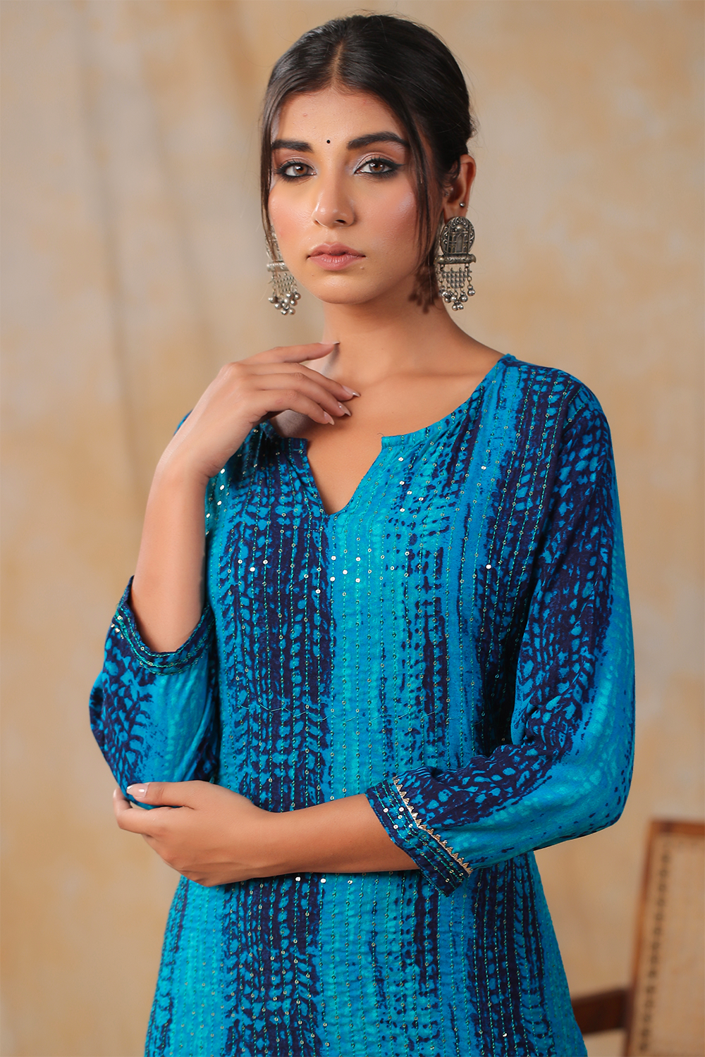 Blue Color Cotton Shibori Print With Pintux Embroidery Kurti