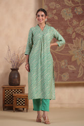 Turquoise & Beige Color Printed Muslin kurta Set