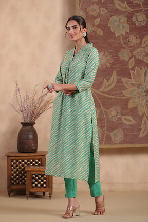 Turquoise & Beige Color Printed Muslin kurta Set