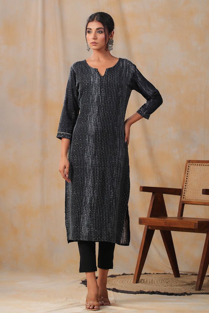 Grey Color Cotton Shibori Print With Pintux Embroidery Kurti