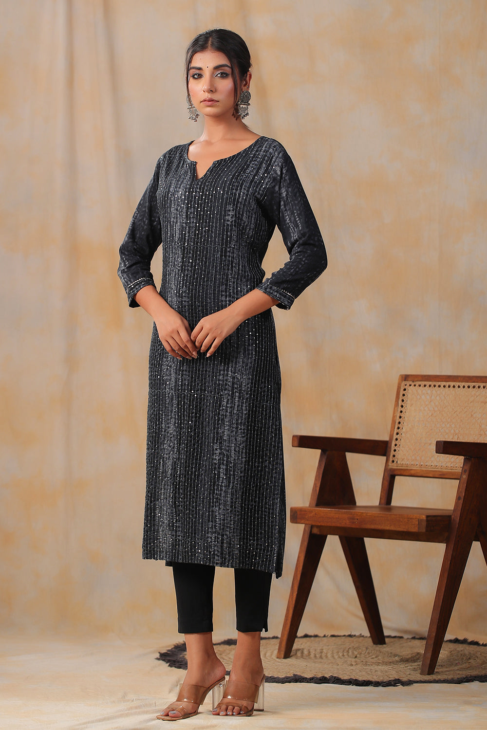 Grey Color Cotton Shibori Print With Pintux Embroidery Kurti