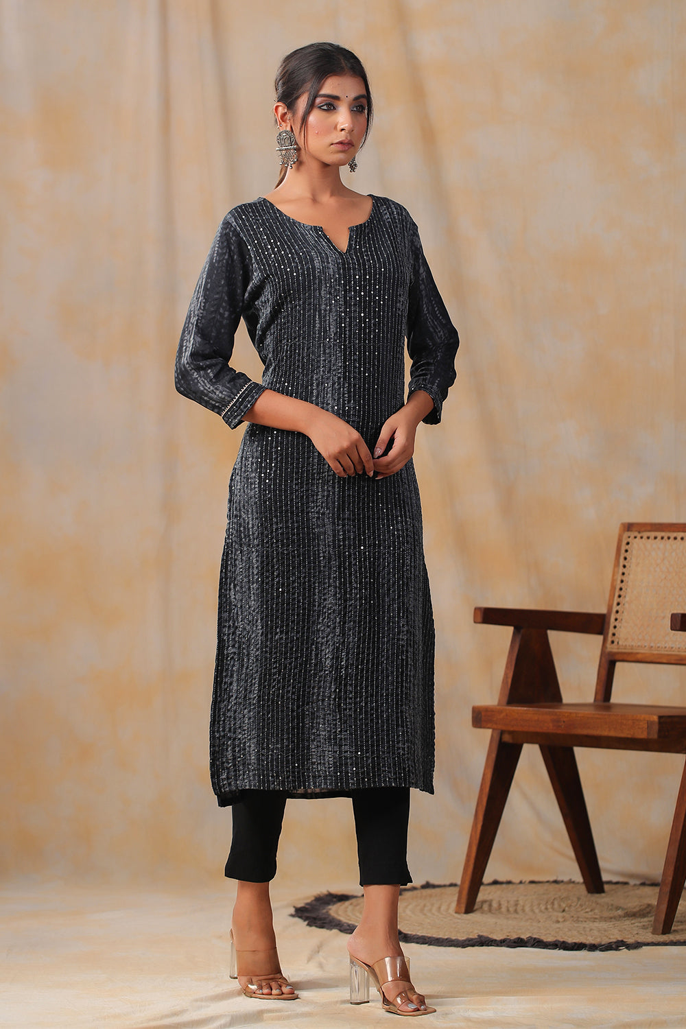 Grey Color Cotton Shibori Print With Pintux Embroidery Kurti