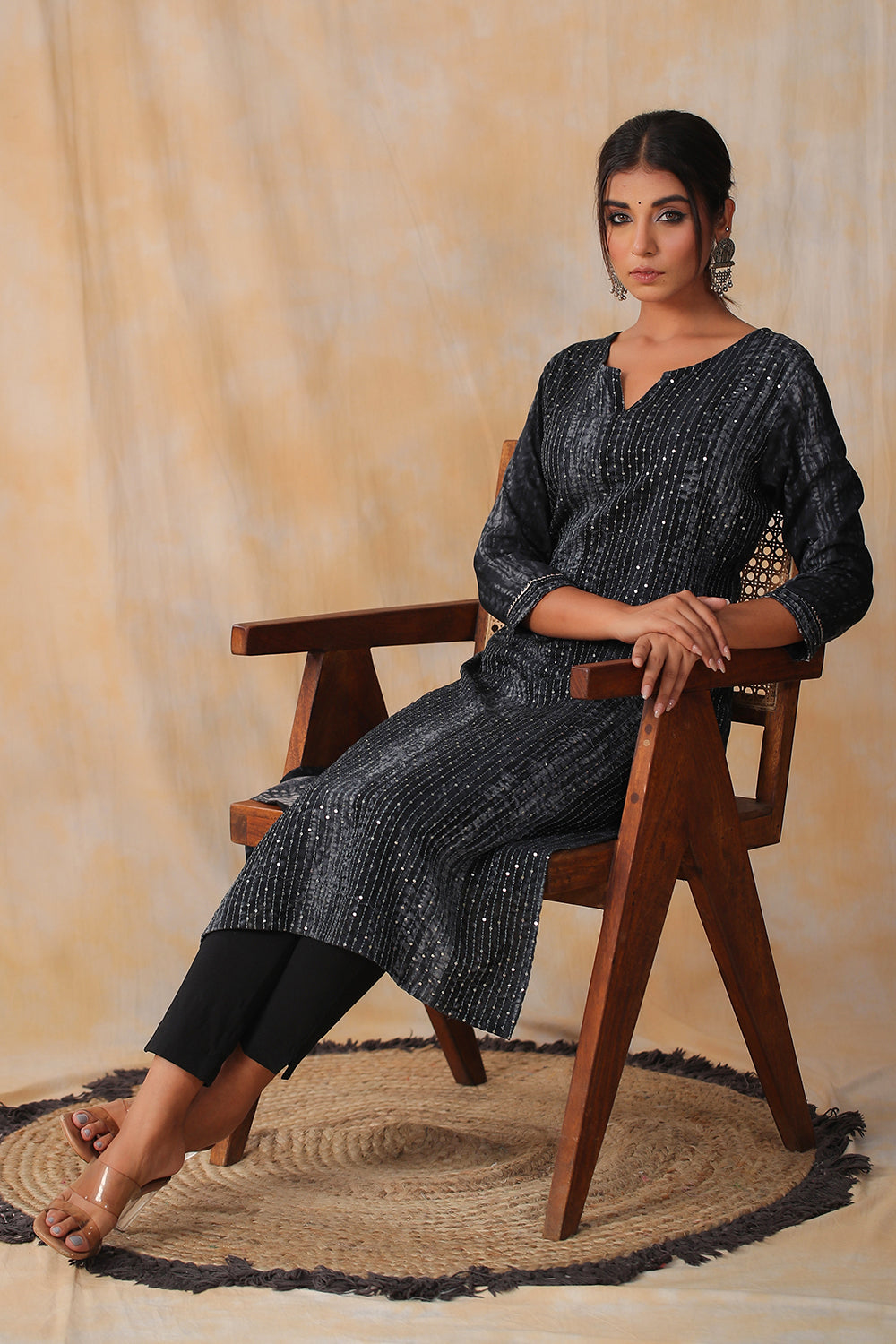 Grey Color Cotton Shibori Print With Pintux Embroidery Kurti
