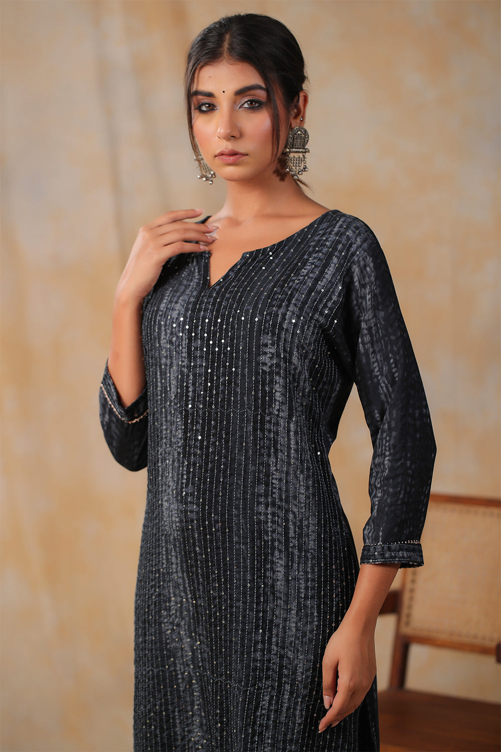 Grey Color Cotton Shibori Print With Pintux Embroidery Kurti
