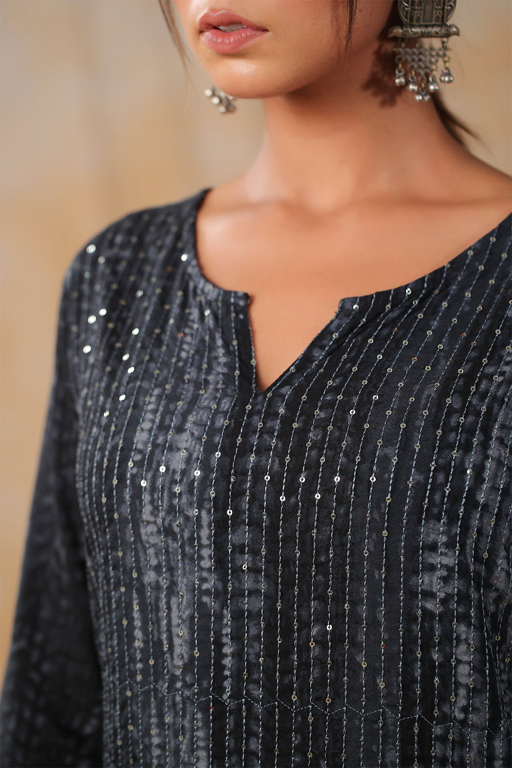 Grey Color Cotton Shibori Print With Pintux Embroidery Kurti