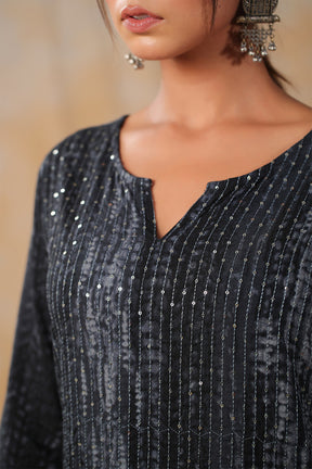 Grey Color Cotton Shibori Print With Pintux Embroidery Kurti