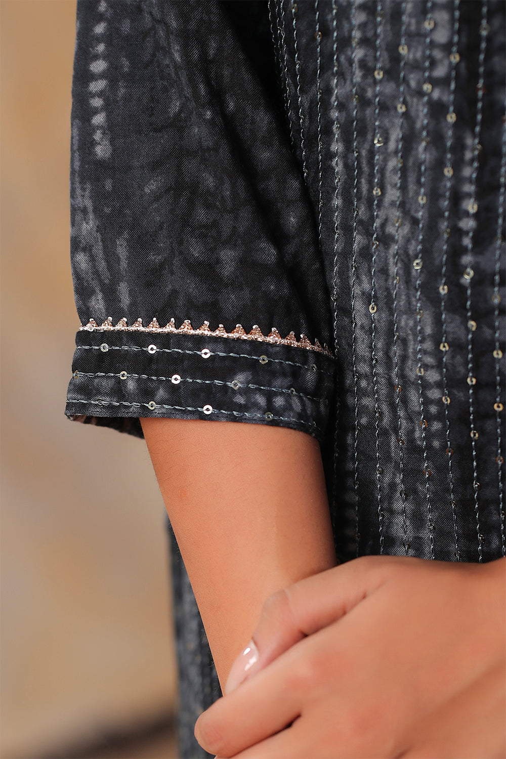 Grey Color Cotton Shibori Print With Pintux Embroidery Kurti