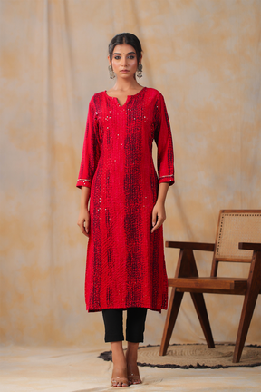 Fuchsia Pink Color Cotton Shibori Print With Pintux Embroidery Kurti