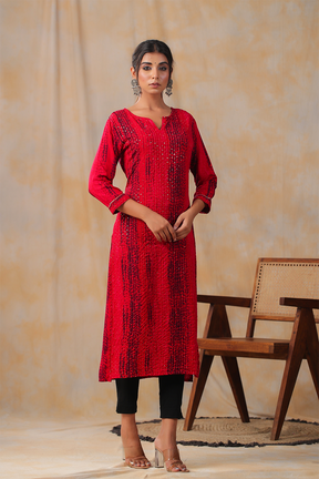 Fuchsia Pink Color Cotton Shibori Print With Pintux Embroidery Kurti