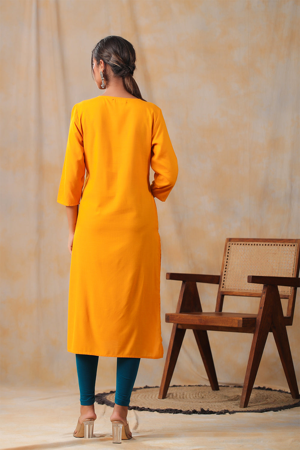 Mustard Color Cotton Embroidery Kurta