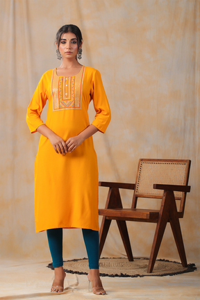 Mustard Color Cotton Embroidery Kurta