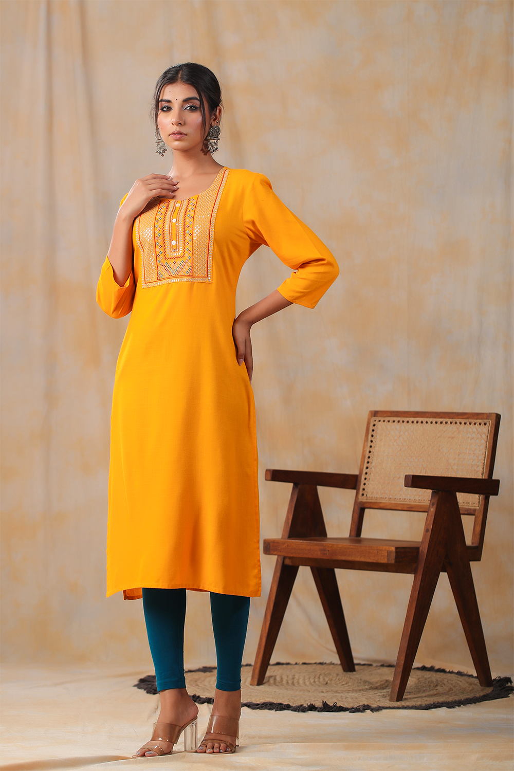 Mustard Color Cotton Embroidery Kurta