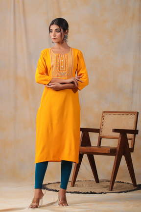 Mustard Color Cotton Embroidery Kurta