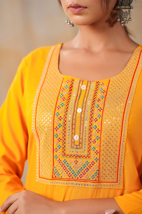 Mustard Color Cotton Embroidery Kurta