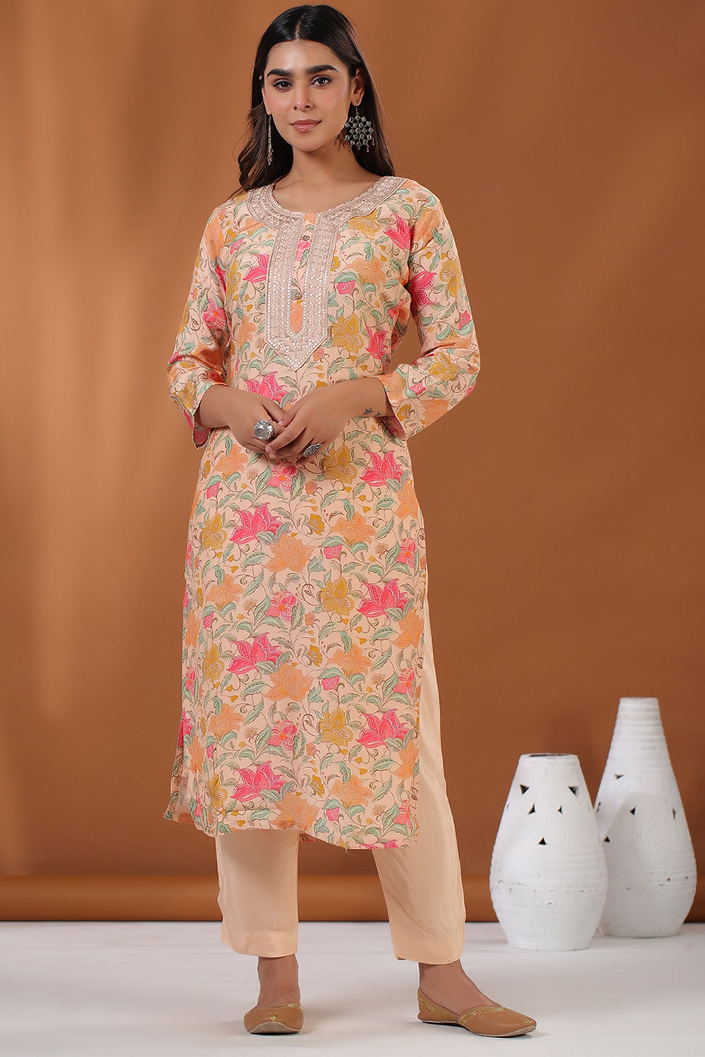 Peach Color Muslin Floral Printed Suit