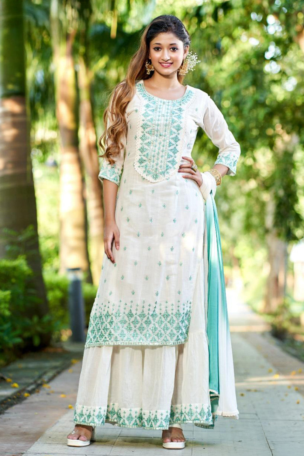 Cream Color Cotton Embroidered  Kurta Set With Attached Skirt