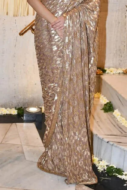 Fawn Color Georgette Sequins Embroidered Saree