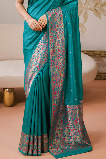 Teal Mulberry Silk Paithani Work Saree