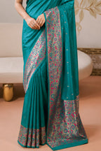 Teal Mulberry Silk Paithani Work Saree