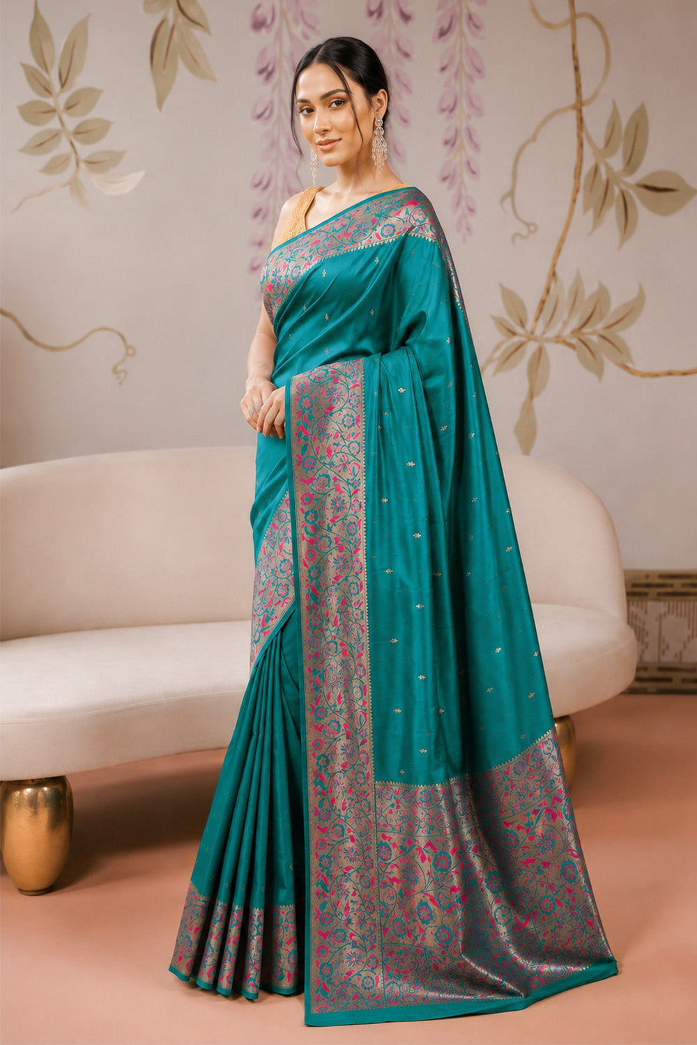 Teal Mulberry Silk Paithani Work Saree