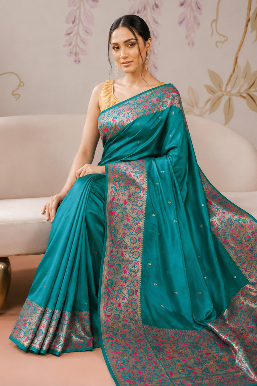 Teal Mulberry Silk Paithani Work Saree