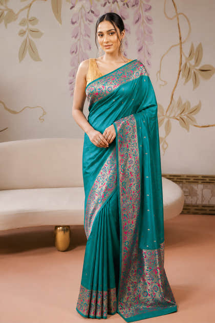 Teal Mulberry Silk Paithani Work Saree