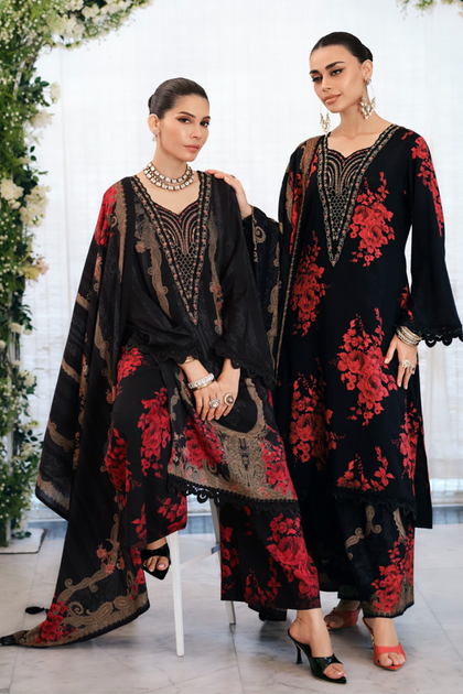 Black Crepe Silk Floral Printed Unstitched Suit Material