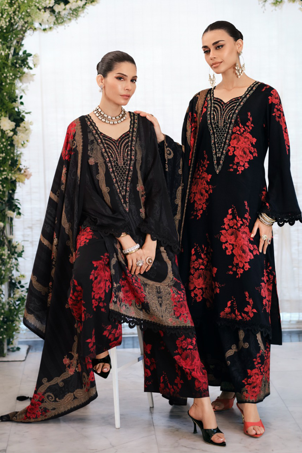 Black Crepe Silk Floral Printed Unstitched Suit Material