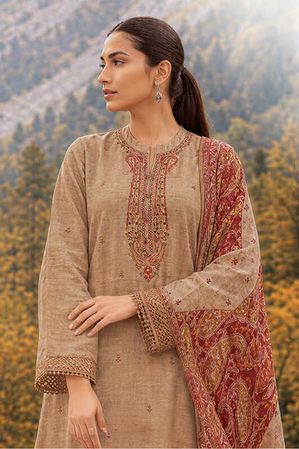 Beige Matka Silk Embroidered Unstitched Suit Material